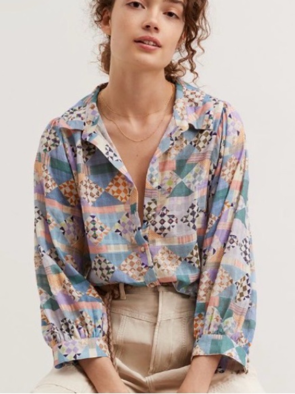 Anthropologie Forever That Girl size S patchwork buttondown shirt
